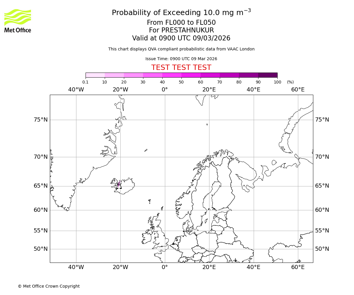 Probability of exceeding 10.0 milligrams per metre cubed. From 000 to 050 for PRESTAHNUKUR. Valid at 0900 UTC 09/03/2026