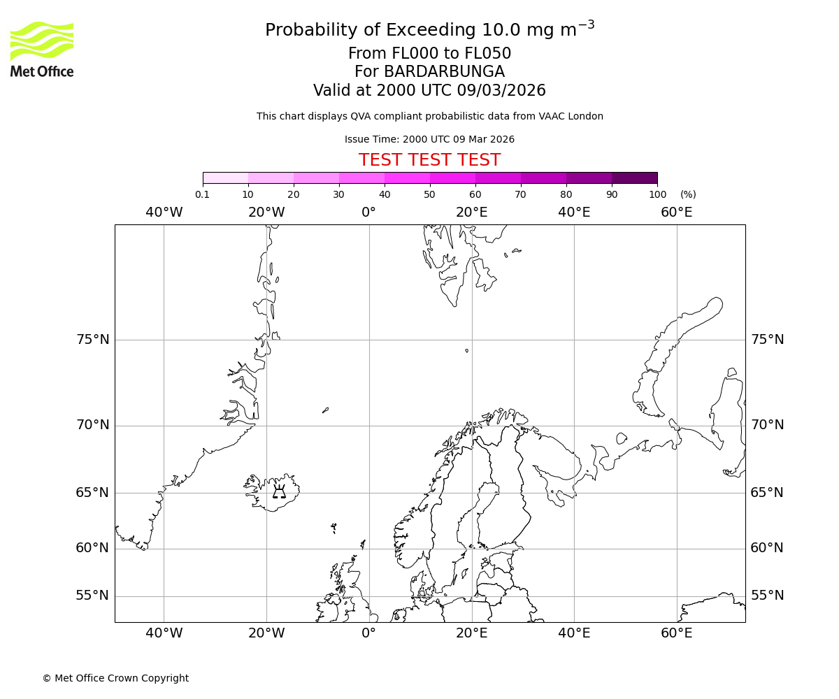 Probability of exceeding 10.0 milligrams per metre cubed. From 000 to 050 for BARDARBUNGA. Valid at 2000 UTC 09/03/2026
