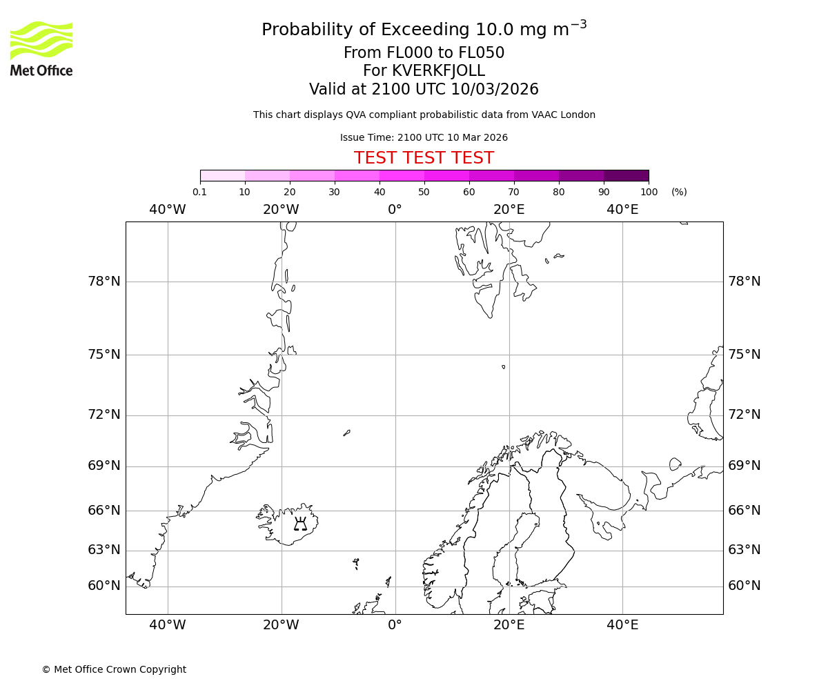 Probability of exceeding 10.0 milligrams per metre cubed. From 000 to 050 for KVERKFJOLL. Valid at 2100 UTC 10/03/2026