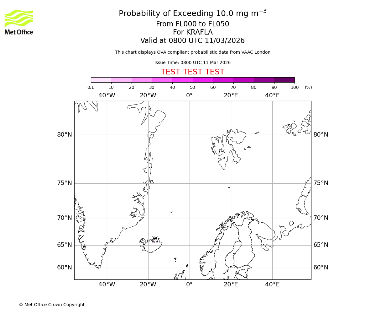 Probability of exceeding 10.0 milligrams per metre cubed. From 000 to 050 for KRAFLA. Valid at 0800 UTC 11/03/2026