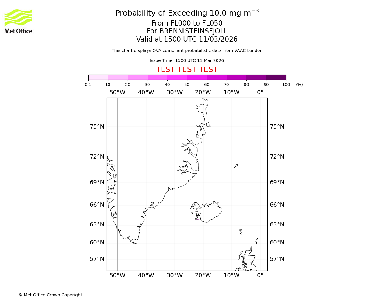 Probability of exceeding 10.0 milligrams per metre cubed. From 000 to 050 for BRENNISTEINSFJOLL. Valid at 1500 UTC 11/03/2026
