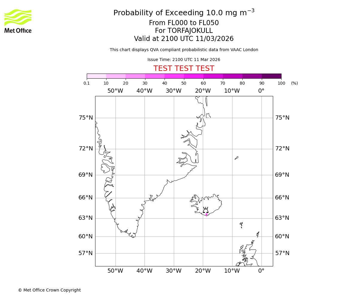 Probability of exceeding 10.0 milligrams per metre cubed. From 000 to 050 for TORFAJOKULL. Valid at 2100 UTC 11/03/2026
