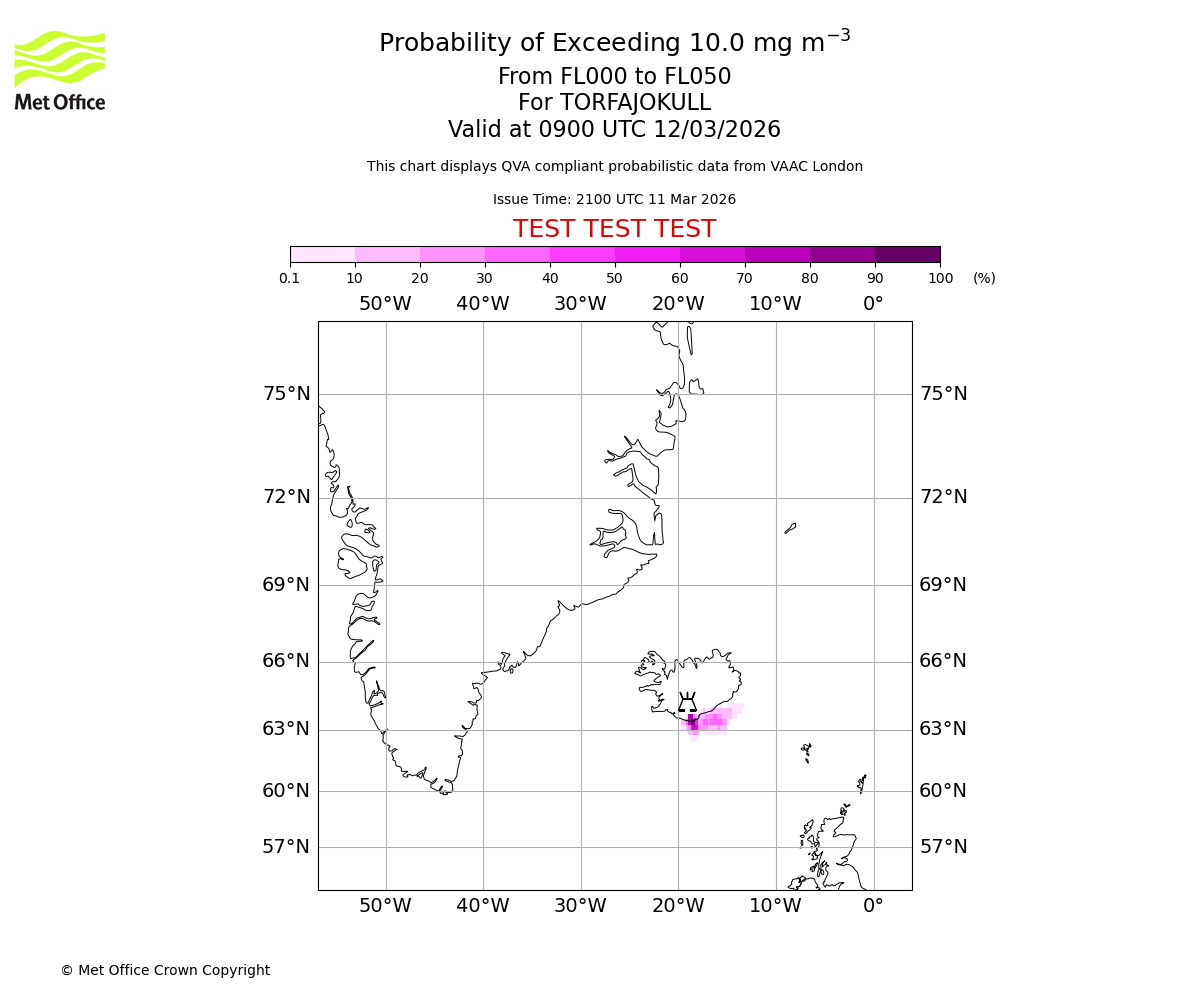 Probability of exceeding 10.0 milligrams per metre cubed. From 000 to 050 for TORFAJOKULL. Valid at 0900 UTC 12/03/2026