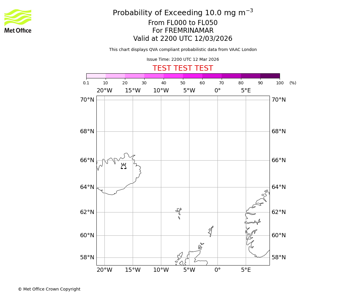 Probability of exceeding 10.0 milligrams per metre cubed. From 000 to 050 for FREMRINAMAR. Valid at 2200 UTC 12/03/2026