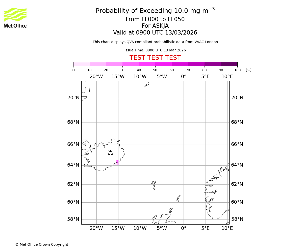 Probability of exceeding 10.0 milligrams per metre cubed. From 000 to 050 for ASKJA. Valid at 0900 UTC 13/03/2026