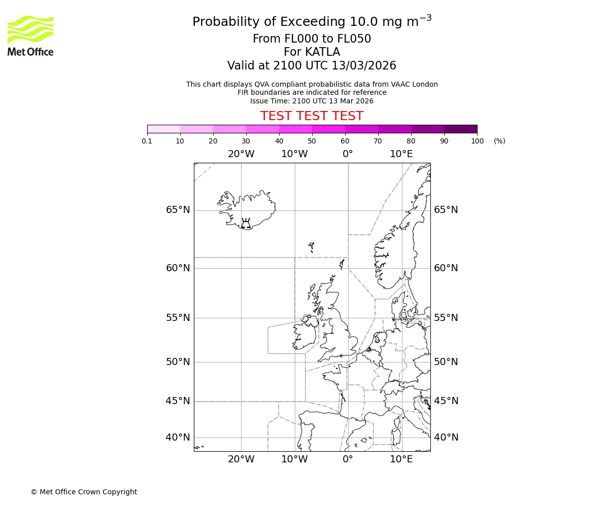 Probability of exceeding 10.0 milligrams per metre cubed. From 000 to 050 for KATLA. Valid at 2100 UTC 13/03/2026