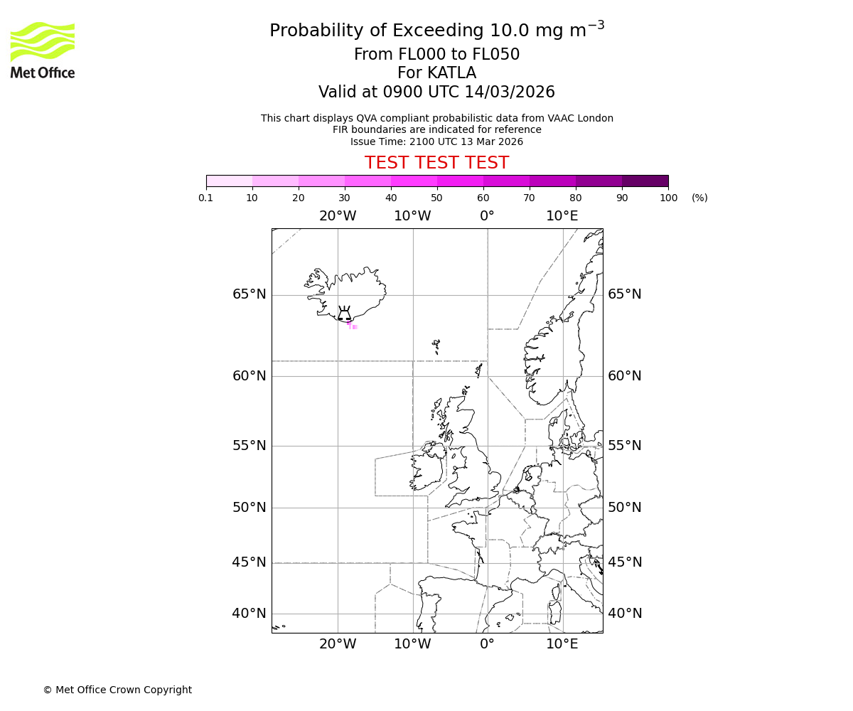 Probability of exceeding 10.0 milligrams per metre cubed. From 000 to 050 for KATLA. Valid at 0900 UTC 14/03/2026
