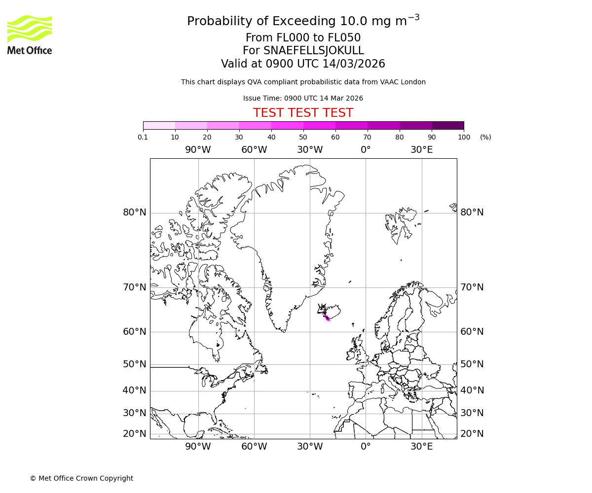 Probability of exceeding 10.0 milligrams per metre cubed. From 000 to 050 for SNAEFELLSJOKULL. Valid at 0900 UTC 14/03/2026