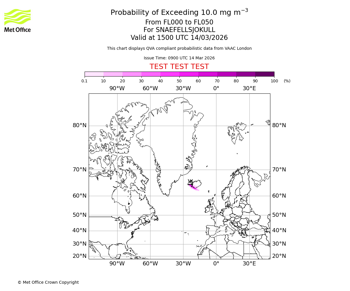 Probability of exceeding 10.0 milligrams per metre cubed. From 000 to 050 for SNAEFELLSJOKULL. Valid at 1500 UTC 14/03/2026