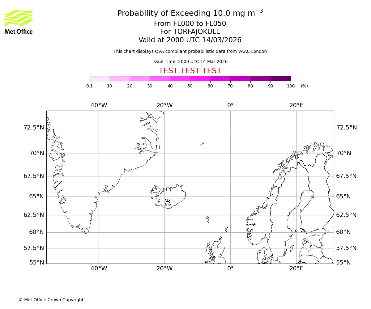Probability of exceeding 10.0 milligrams per metre cubed. From 000 to 050 for TORFAJOKULL. Valid at 2000 UTC 14/03/2026