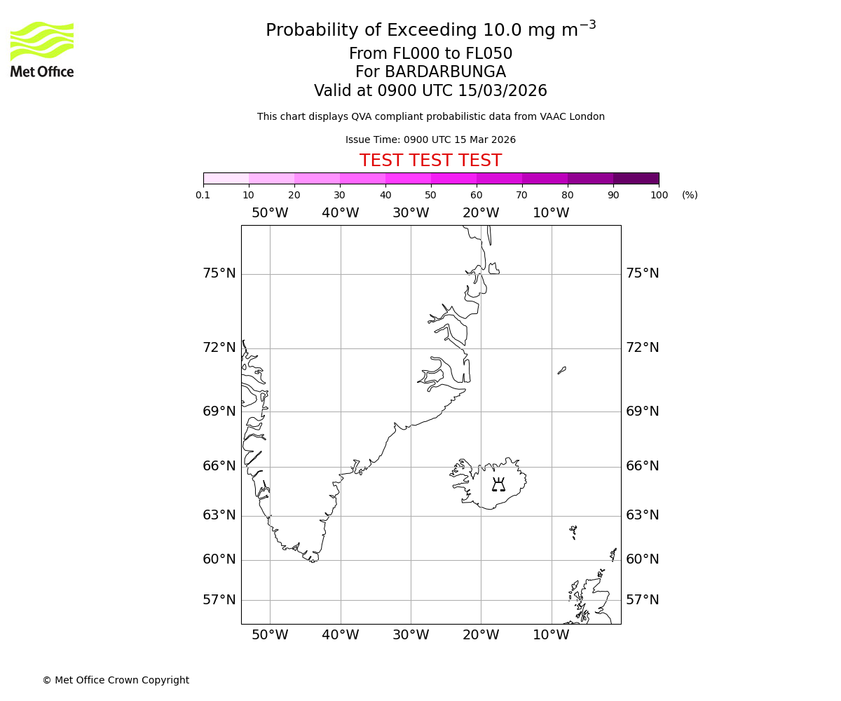 Probability of exceeding 10.0 milligrams per metre cubed. From 000 to 050 for BARDARBUNGA. Valid at 0900 UTC 15/03/2026
