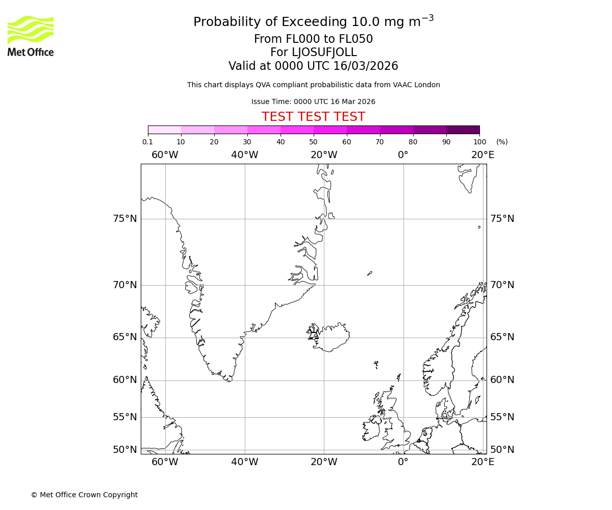 Probability of exceeding 10.0 milligrams per metre cubed. From 000 to 050 for LJOSUFJOLL. Valid at 0000 UTC 16/03/2026
