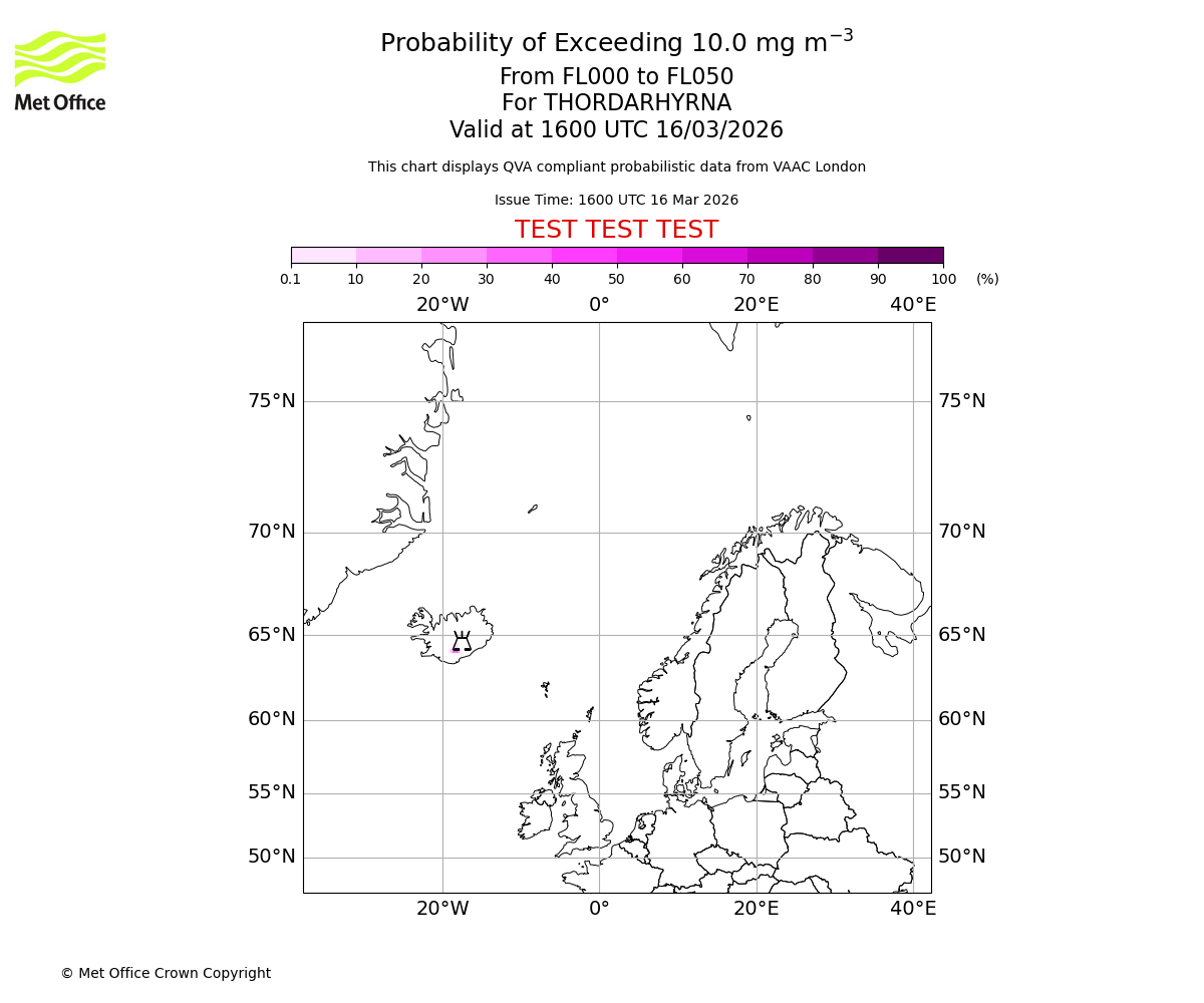 Probability of exceeding 10.0 milligrams per metre cubed. From 000 to 050 for THORDARHYRNA. Valid at 1600 UTC 16/03/2026