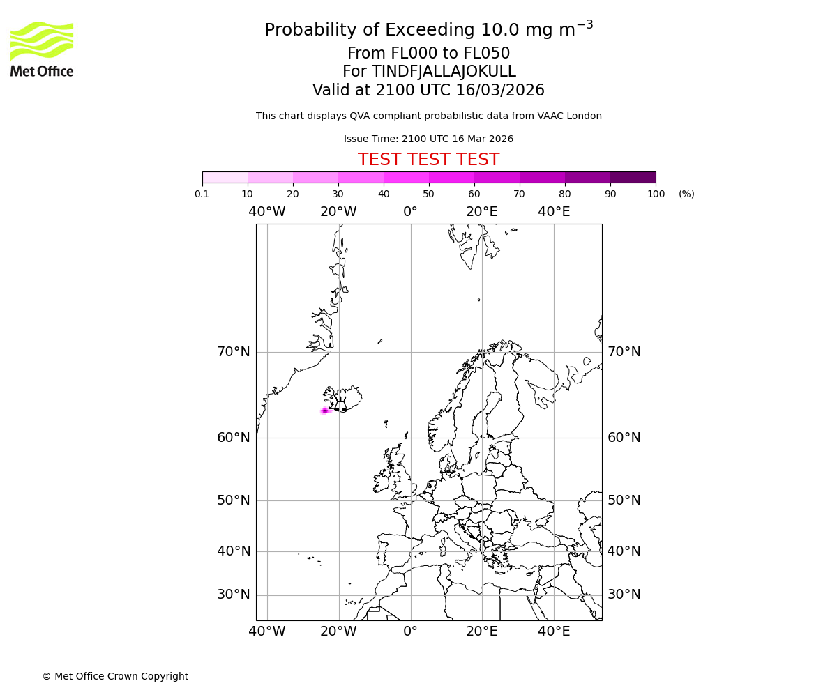 Probability of exceeding 10.0 milligrams per metre cubed. From 000 to 050 for TINDFJALLAJOKULL. Valid at 2100 UTC 16/03/2026