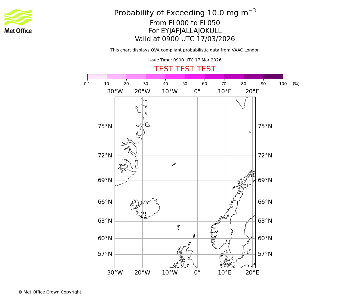 Probability of exceeding 10.0 milligrams per metre cubed. From 000 to 050 for EYJAFJALLAJOKULL. Valid at 0900 UTC 17/03/2026