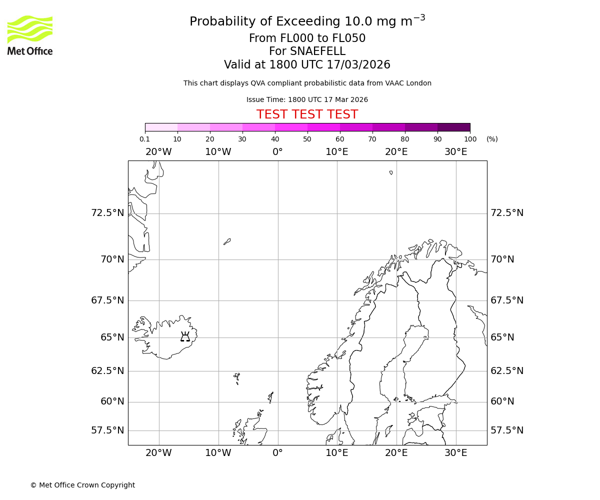 Probability of exceeding 10.0 milligrams per metre cubed. From 000 to 050 for SNAEFELL. Valid at 1800 UTC 17/03/2026