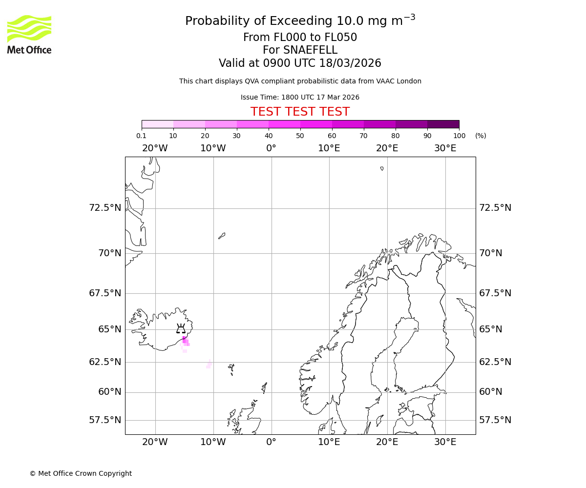 Probability of exceeding 10.0 milligrams per metre cubed. From 000 to 050 for SNAEFELL. Valid at 0900 UTC 18/03/2026