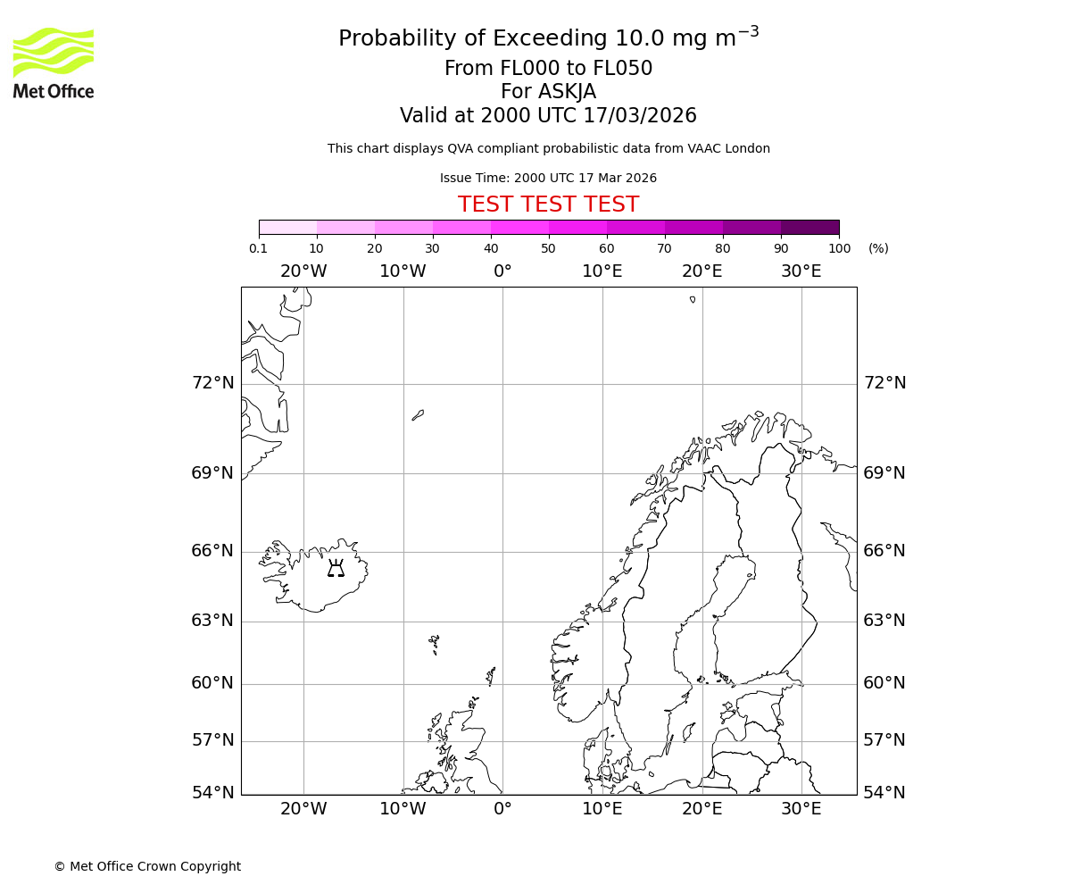 Probability of exceeding 10.0 milligrams per metre cubed. From 000 to 050 for ASKJA. Valid at 2000 UTC 17/03/2026