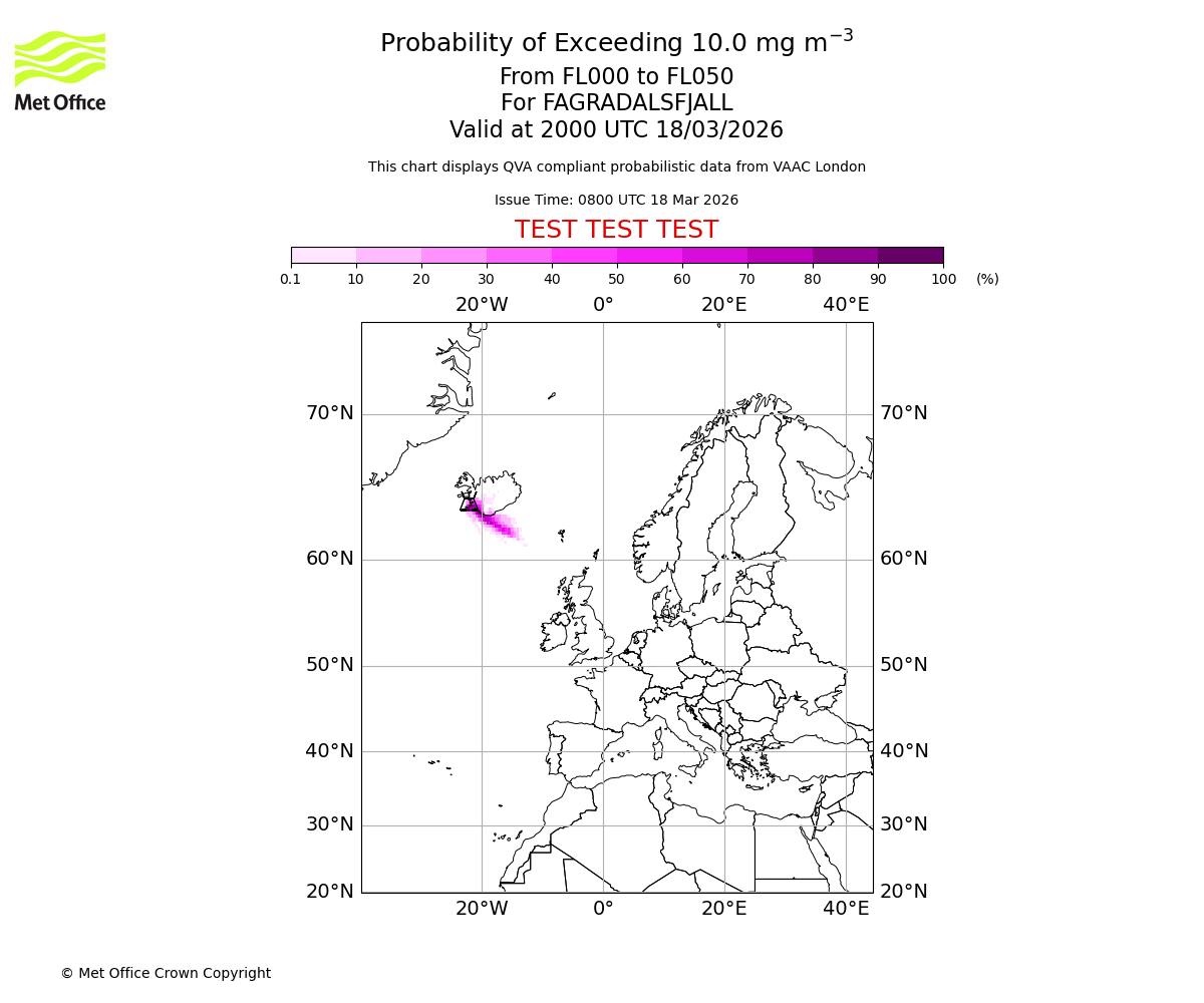 Probability of exceeding 10.0 milligrams per metre cubed. From 000 to 050 for FAGRADALSFJALL. Valid at 2000 UTC 18/03/2026