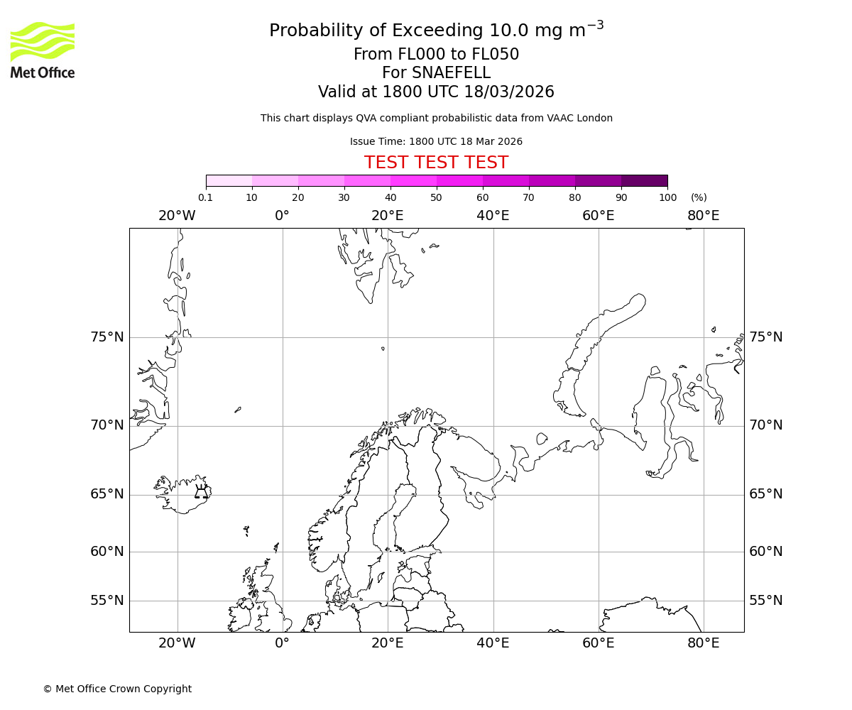 Probability of exceeding 10.0 milligrams per metre cubed. From 000 to 050 for SNAEFELL. Valid at 1800 UTC 18/03/2026