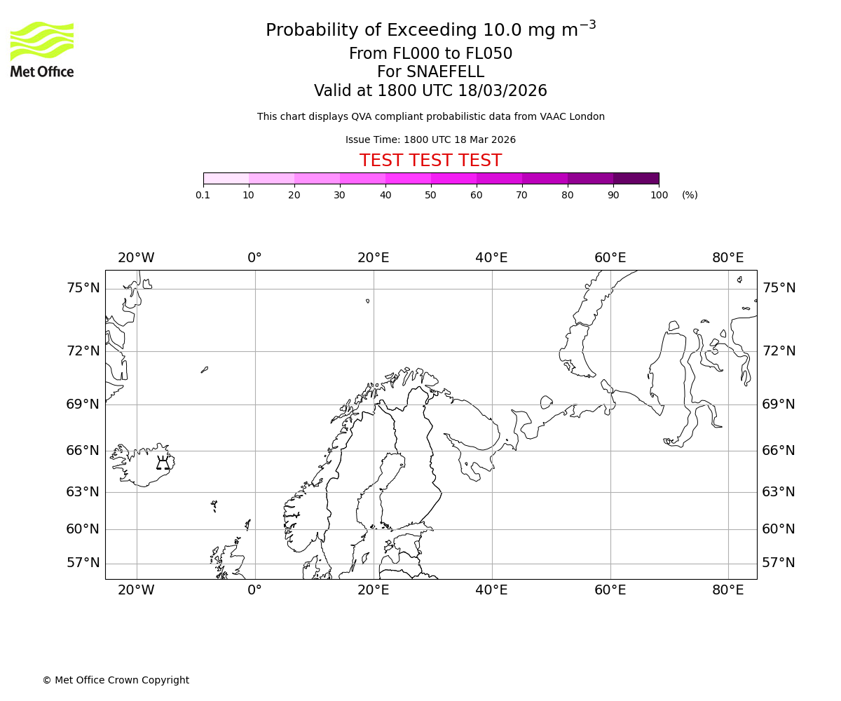 Probability of exceeding 10.0 milligrams per metre cubed. From 000 to 050 for SNAEFELL. Valid at 1800 UTC 18/03/2026