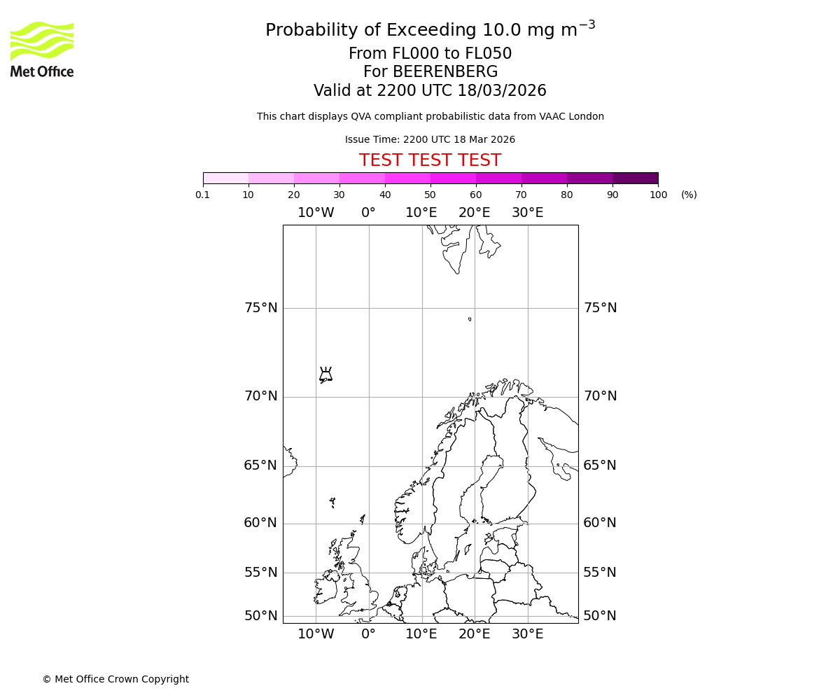 Probability of exceeding 10.0 milligrams per metre cubed. From 000 to 050 for BEERENBERG. Valid at 2200 UTC 18/03/2026