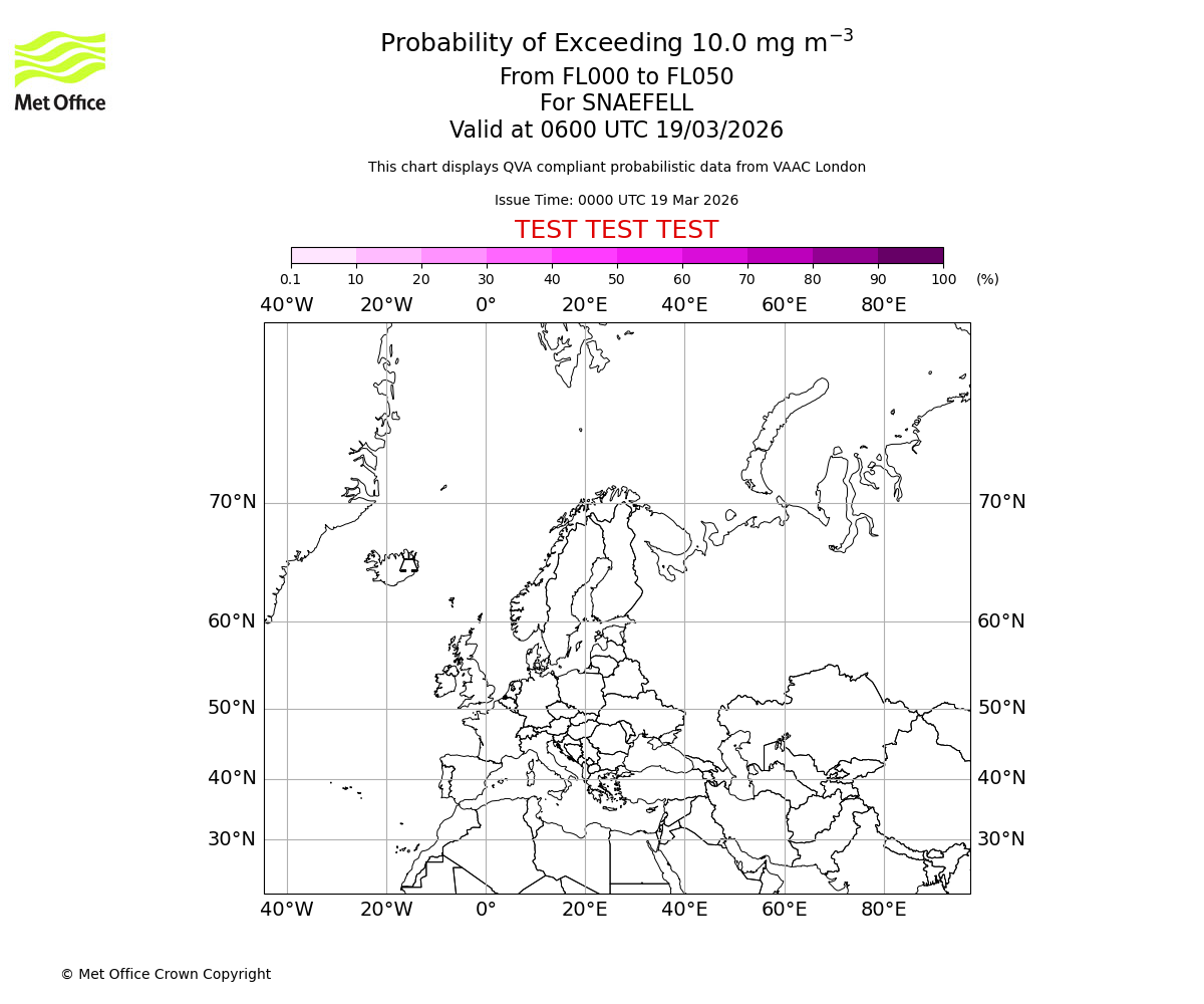 Probability of exceeding 10.0 milligrams per metre cubed. From 000 to 050 for SNAEFELL. Valid at 0600 UTC 19/03/2026