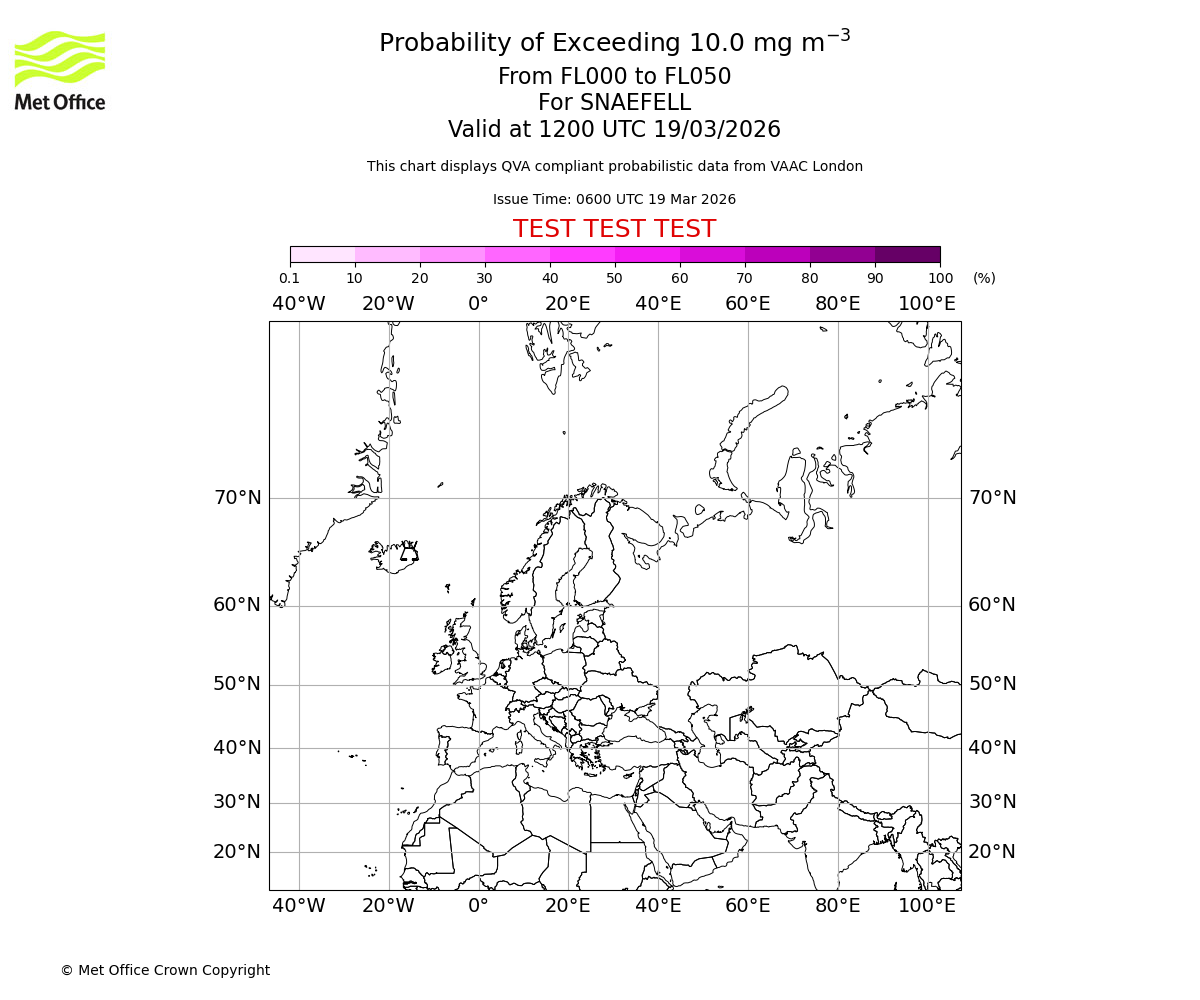 Probability of exceeding 10.0 milligrams per metre cubed. From 000 to 050 for SNAEFELL. Valid at 1200 UTC 19/03/2026