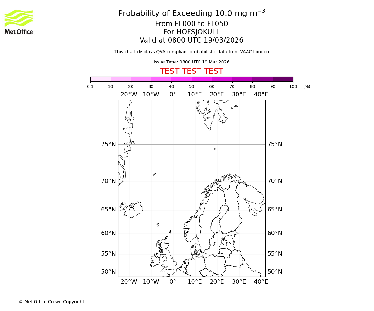 Probability of exceeding 10.0 milligrams per metre cubed. From 000 to 050 for HOFSJOKULL. Valid at 0800 UTC 19/03/2026