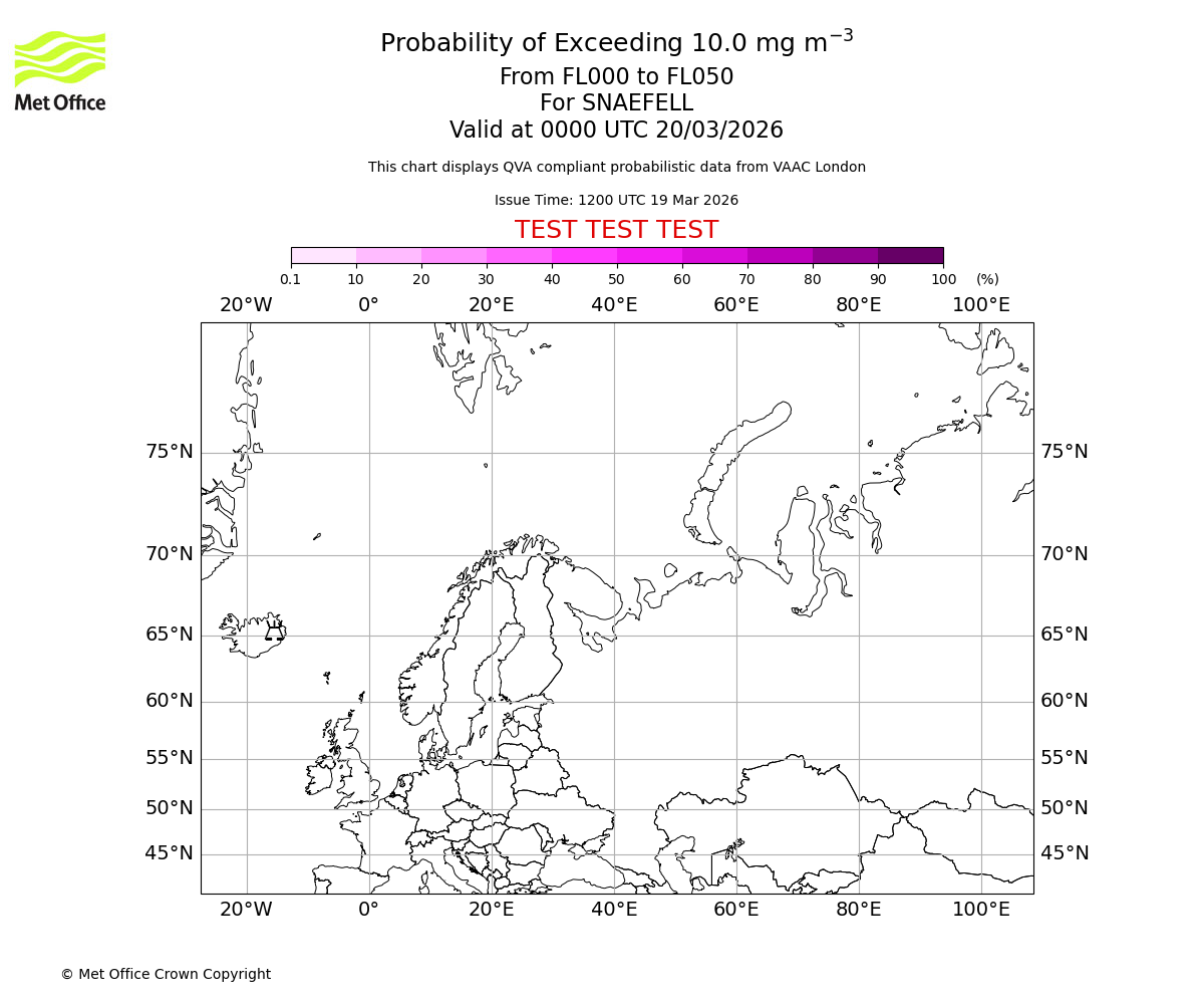 Probability of exceeding 10.0 milligrams per metre cubed. From 000 to 050 for SNAEFELL. Valid at 0000 UTC 20/03/2026