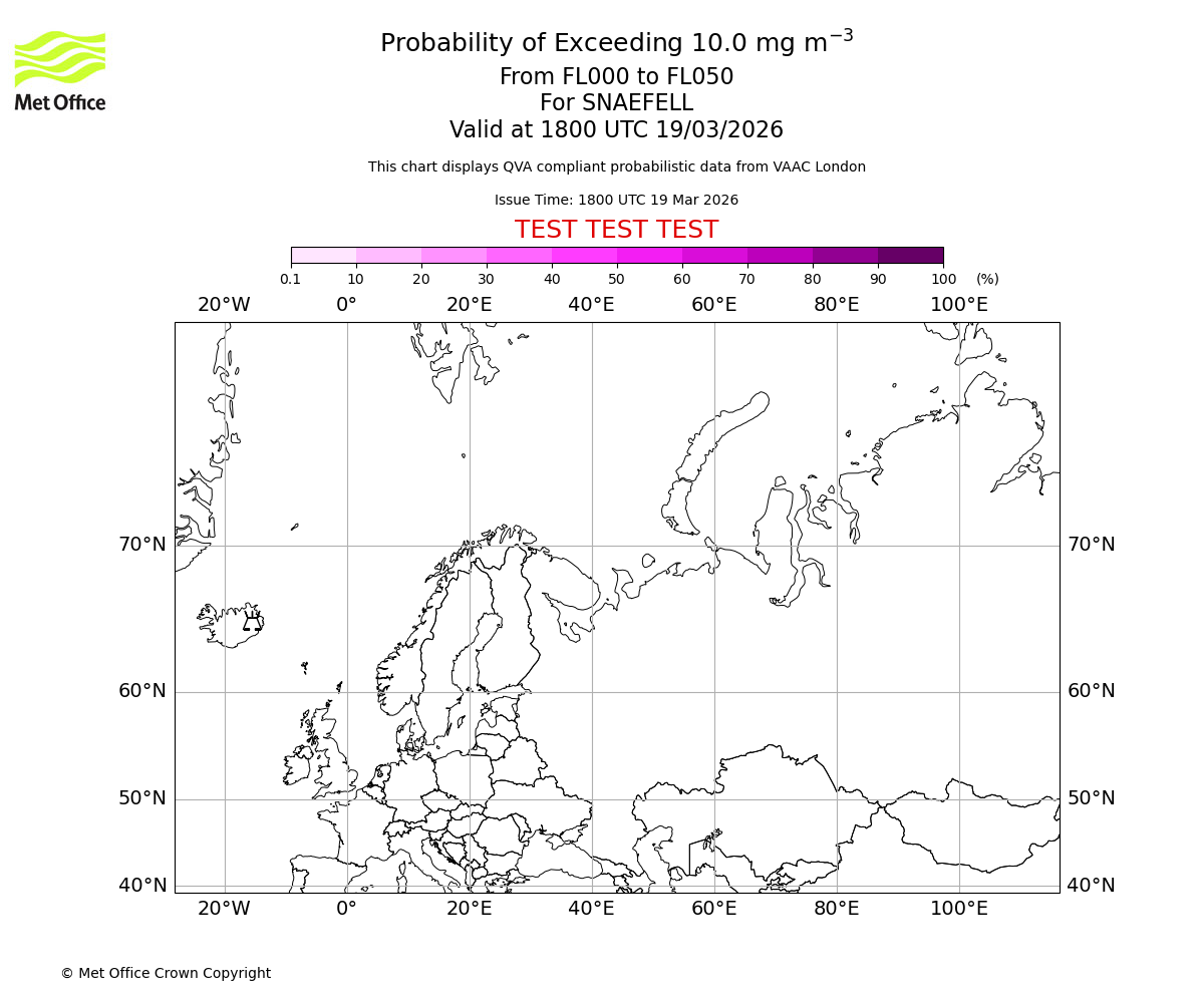 Probability of exceeding 10.0 milligrams per metre cubed. From 000 to 050 for SNAEFELL. Valid at 1800 UTC 19/03/2026