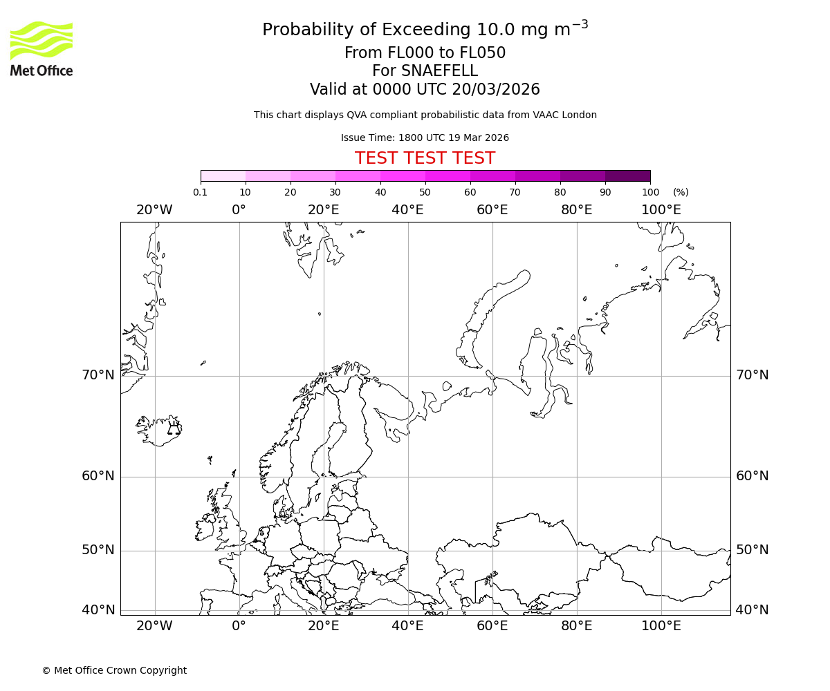 Probability of exceeding 10.0 milligrams per metre cubed. From 000 to 050 for SNAEFELL. Valid at 0000 UTC 20/03/2026