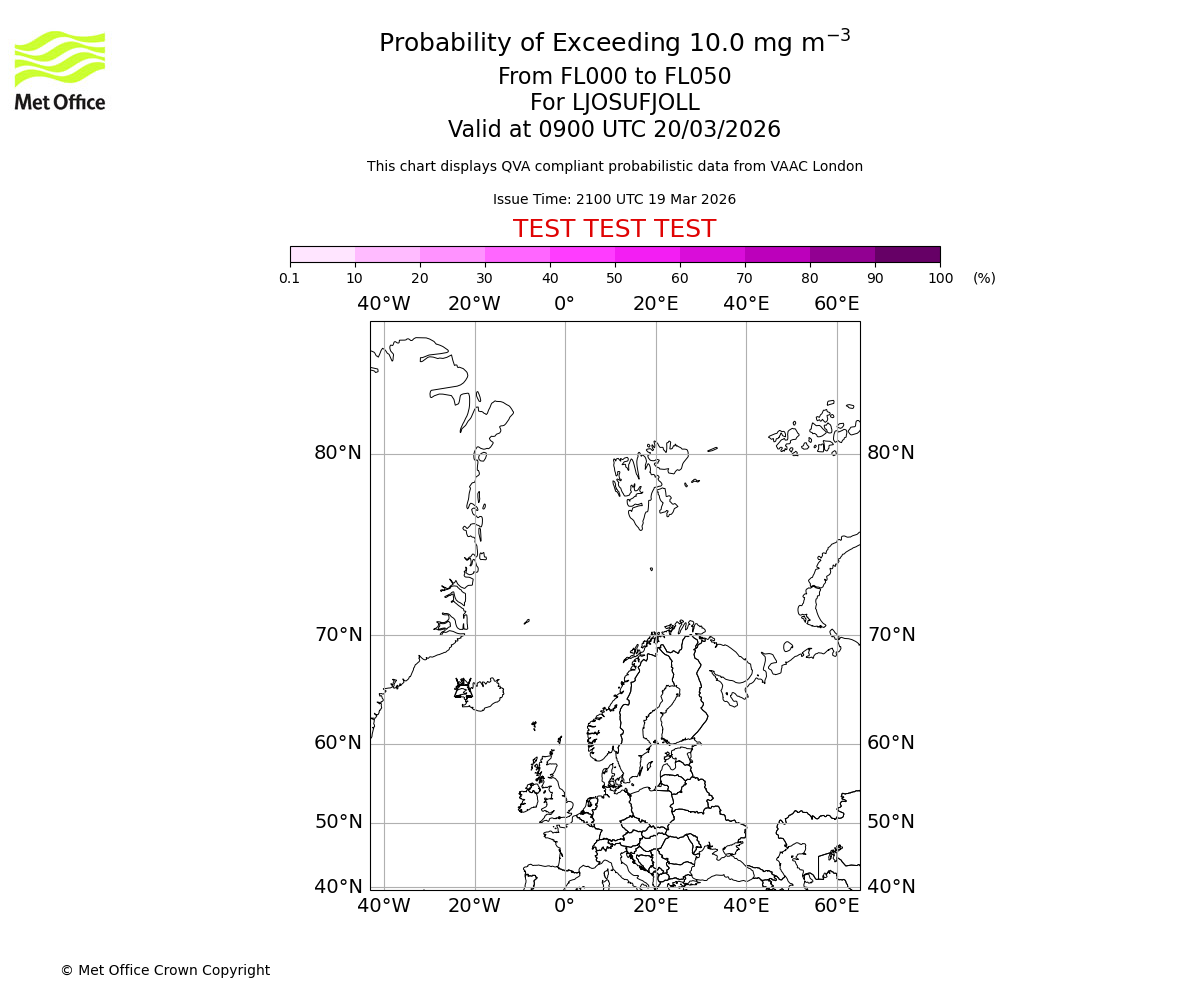 Probability of exceeding 10.0 milligrams per metre cubed. From 000 to 050 for LJOSUFJOLL. Valid at 0900 UTC 20/03/2026