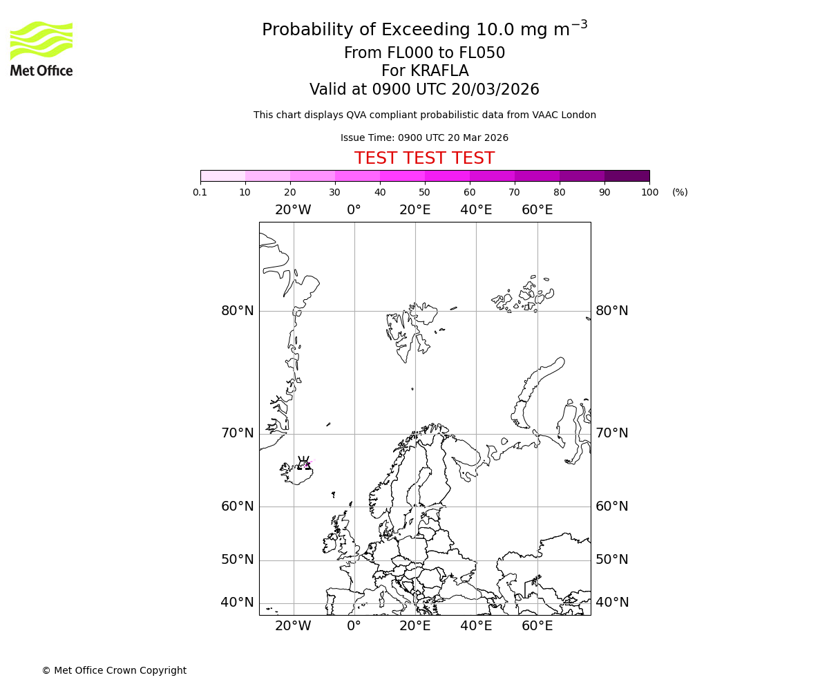 Probability of exceeding 10.0 milligrams per metre cubed. From 000 to 050 for KRAFLA. Valid at 0900 UTC 20/03/2026