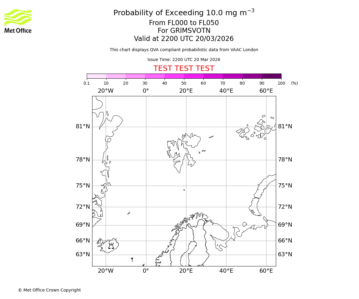 Probability of exceeding 10.0 milligrams per metre cubed. From 000 to 050 for GRIMSVOTN. Valid at 2200 UTC 20/03/2026