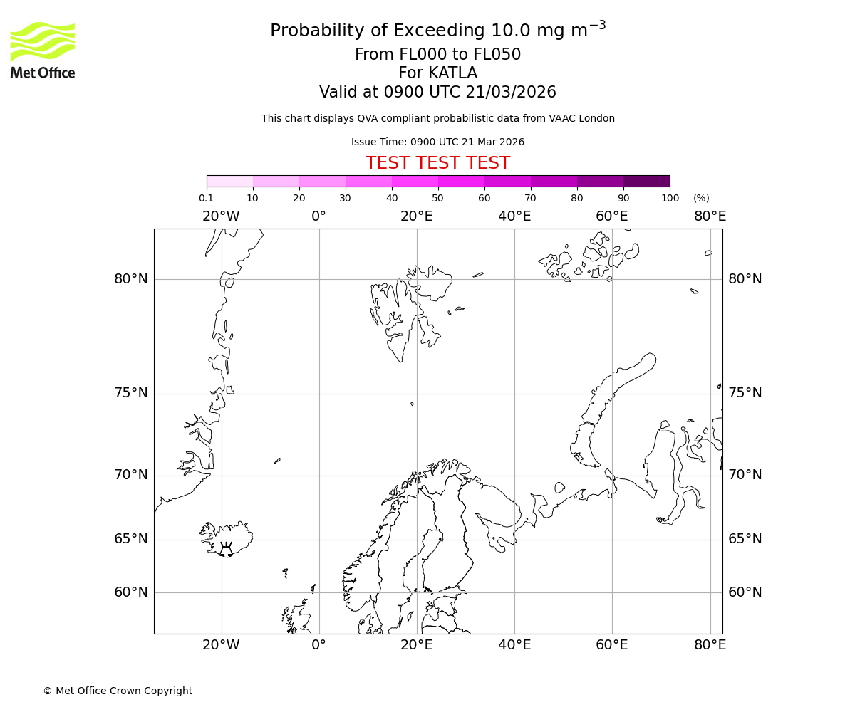 Probability of exceeding 10.0 milligrams per metre cubed. From 000 to 050 for KATLA. Valid at 0900 UTC 21/03/2026
