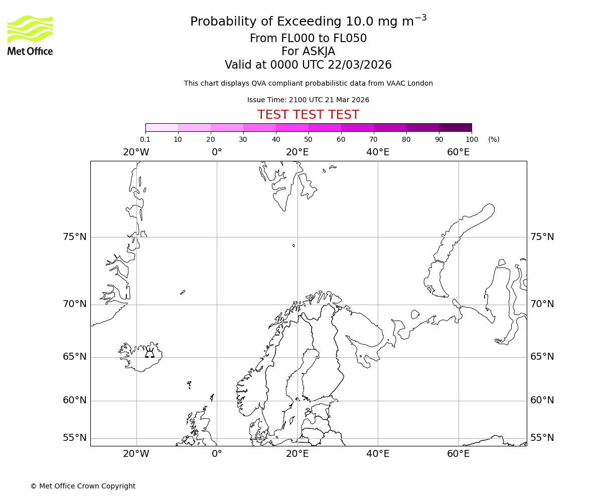 Probability of exceeding 10.0 milligrams per metre cubed. From 000 to 050 for ASKJA. Valid at 0000 UTC 22/03/2026
