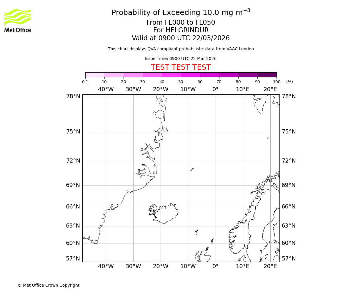 Probability of exceeding 10.0 milligrams per metre cubed. From 000 to 050 for HELGRINDUR. Valid at 0900 UTC 22/03/2026