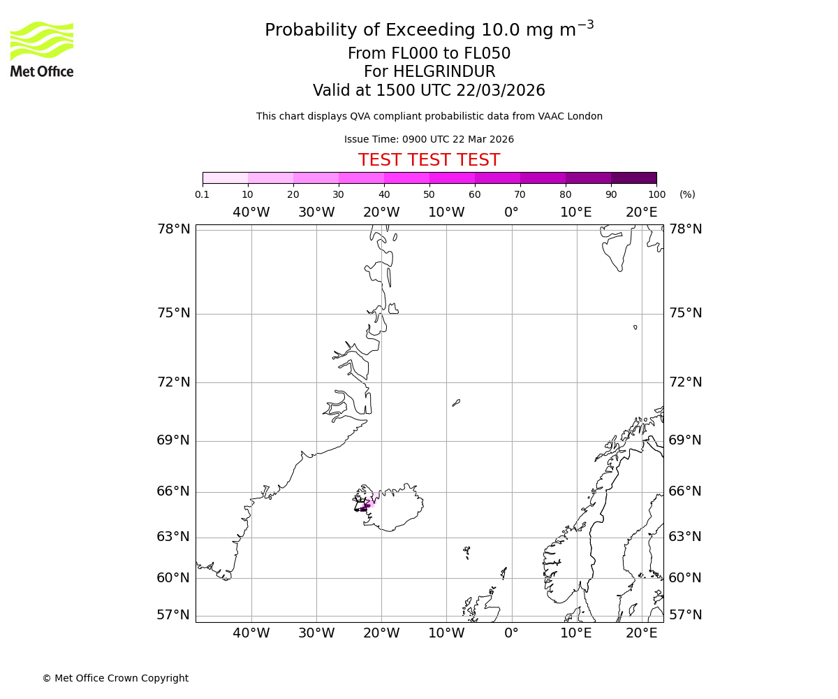 Probability of exceeding 10.0 milligrams per metre cubed. From 000 to 050 for HELGRINDUR. Valid at 1500 UTC 22/03/2026