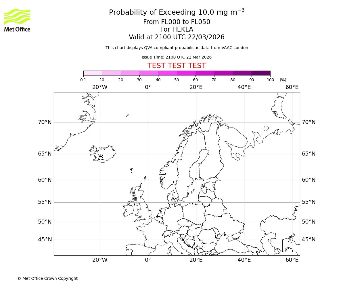 Probability of exceeding 10.0 milligrams per metre cubed. From 000 to 050 for HEKLA. Valid at 2100 UTC 22/03/2026