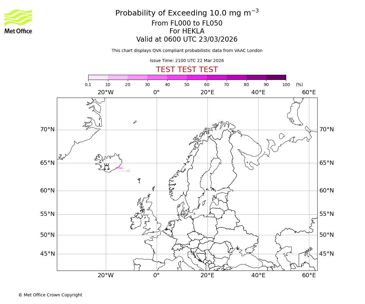 Probability of exceeding 10.0 milligrams per metre cubed. From 000 to 050 for HEKLA. Valid at 0600 UTC 23/03/2026