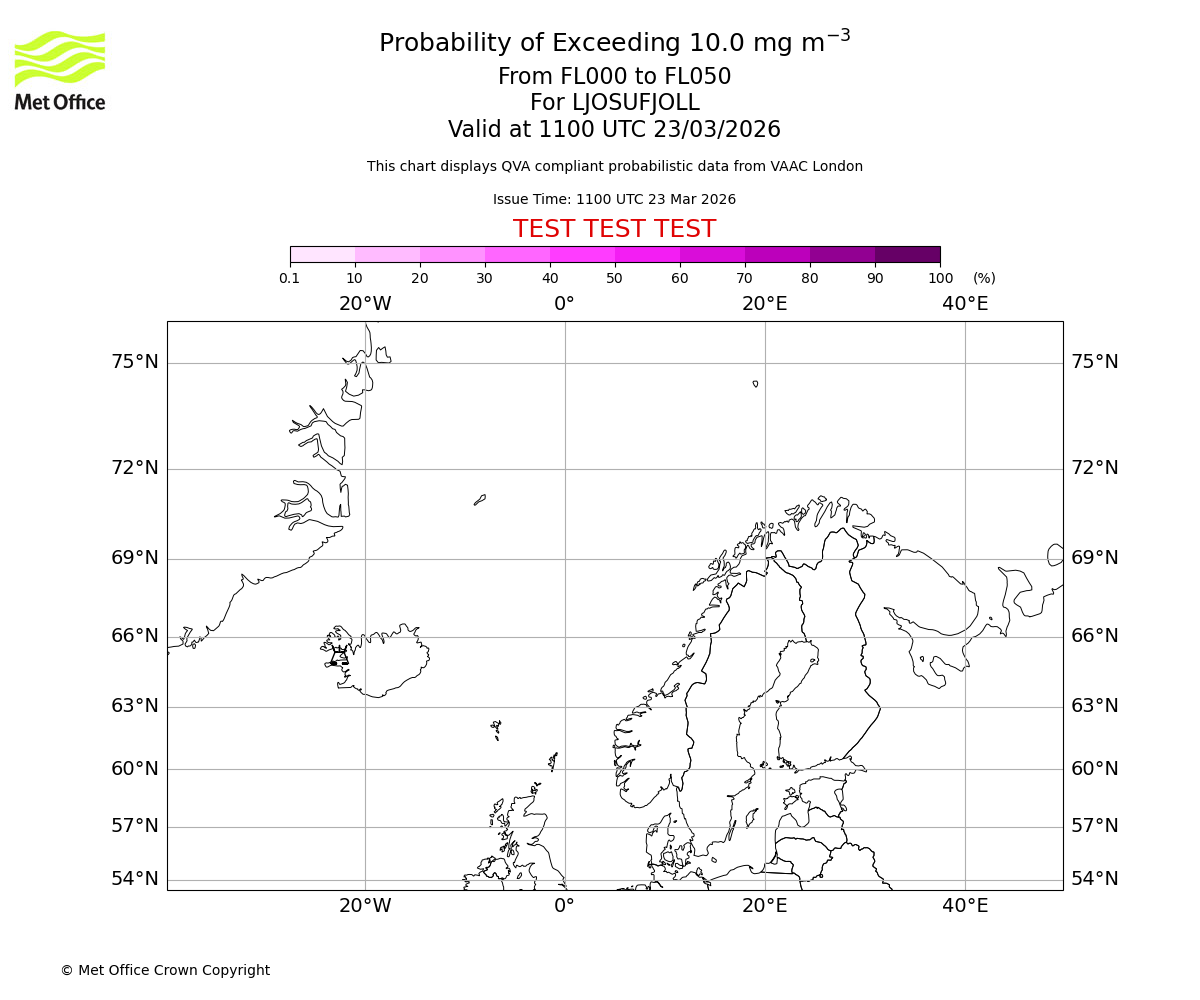 Probability of exceeding 10.0 milligrams per metre cubed. From 000 to 050 for LJOSUFJOLL. Valid at 1100 UTC 23/03/2026
