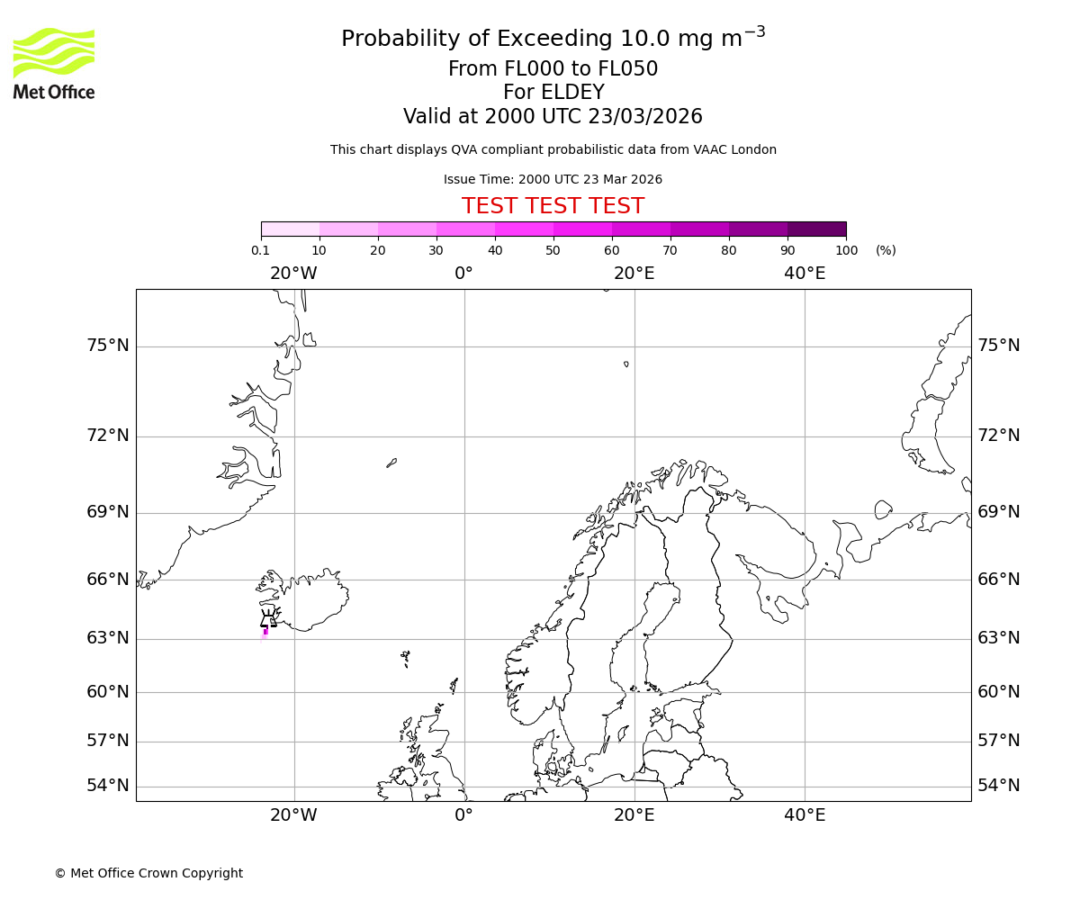 Probability of exceeding 10.0 milligrams per metre cubed. From 000 to 050 for ELDEY. Valid at 2000 UTC 23/03/2026