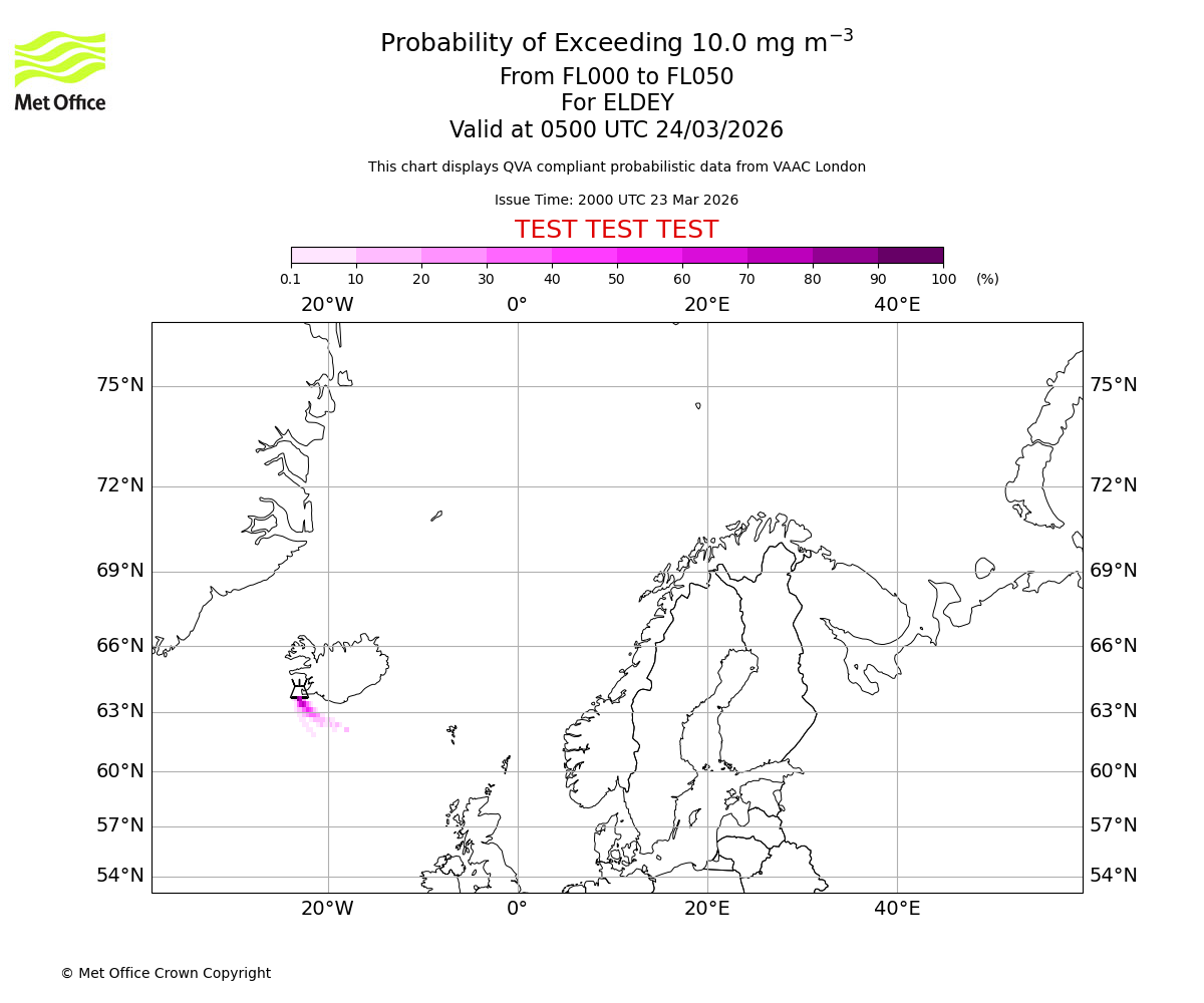 Probability of exceeding 10.0 milligrams per metre cubed. From 000 to 050 for ELDEY. Valid at 0500 UTC 24/03/2026
