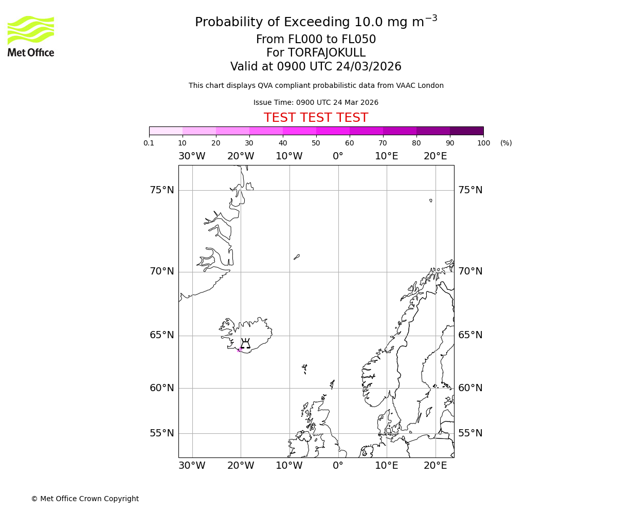 Probability of exceeding 10.0 milligrams per metre cubed. From 000 to 050 for TORFAJOKULL. Valid at 0900 UTC 24/03/2026
