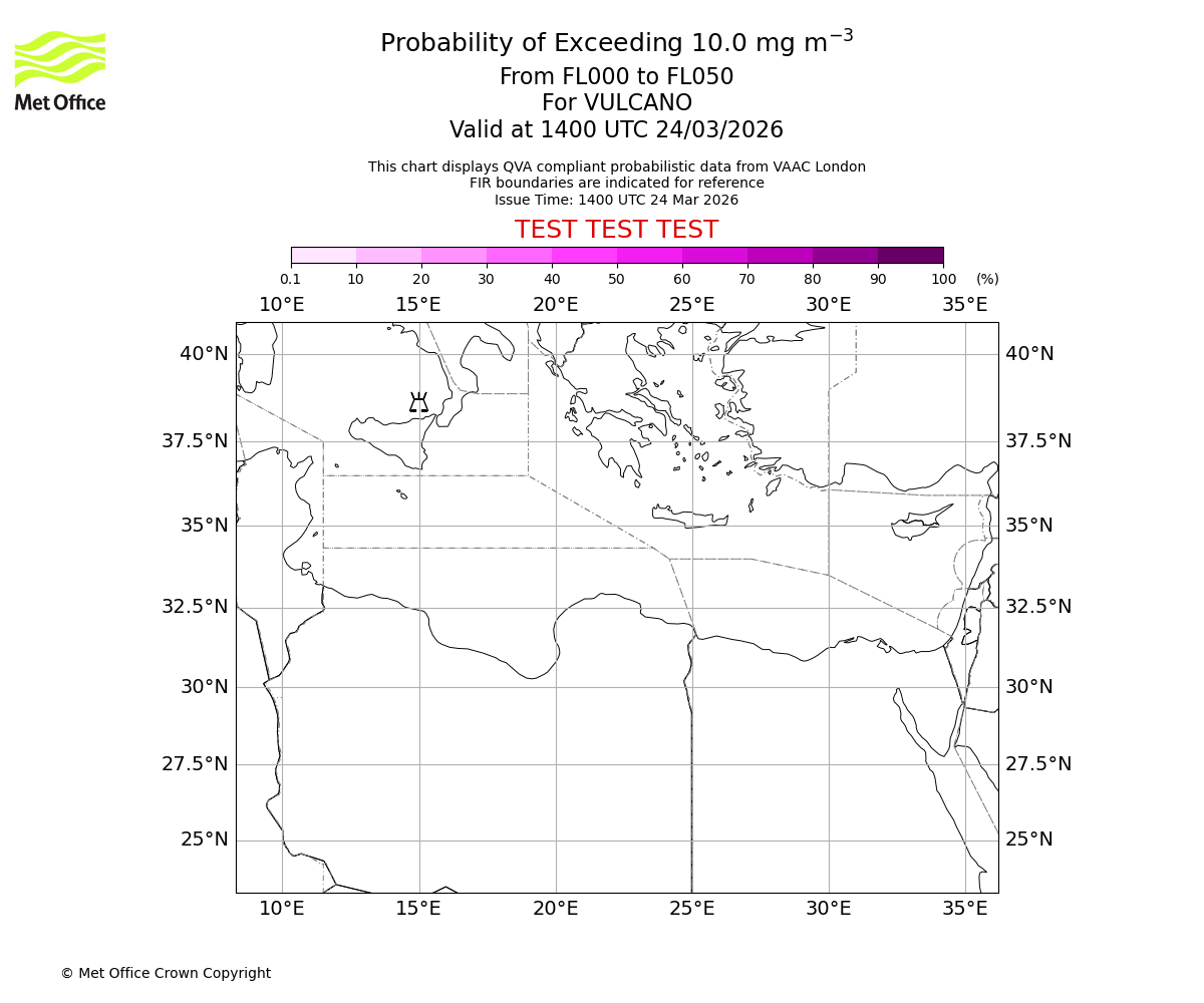 Probability of exceeding 10.0 milligrams per metre cubed. From 000 to 050 for VULCANO. Valid at 1400 UTC 24/03/2026