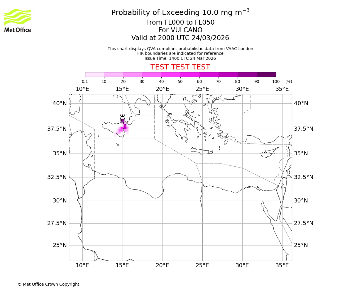 Probability of exceeding 10.0 milligrams per metre cubed. From 000 to 050 for VULCANO. Valid at 2000 UTC 24/03/2026