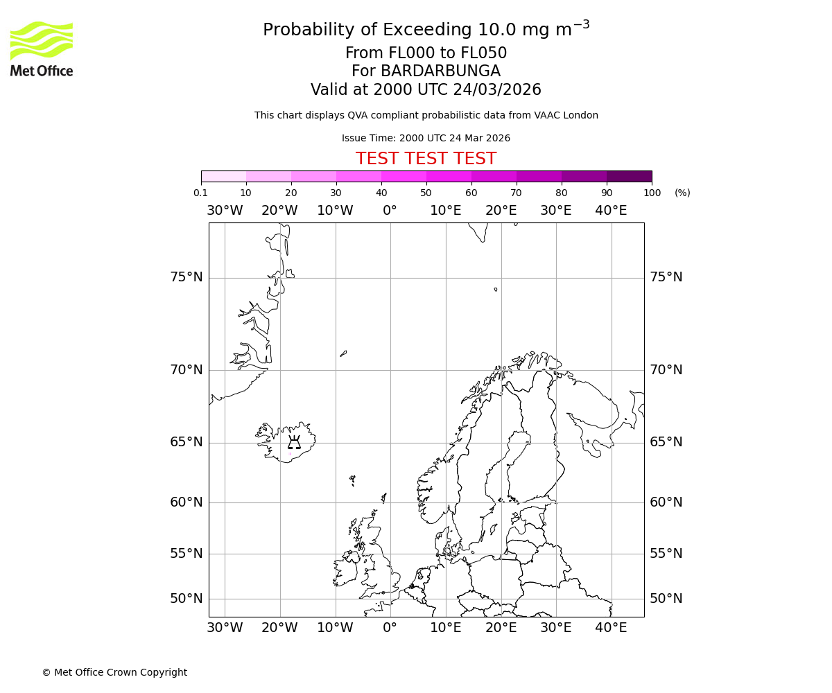 Probability of exceeding 10.0 milligrams per metre cubed. From 000 to 050 for BARDARBUNGA. Valid at 2000 UTC 24/03/2026