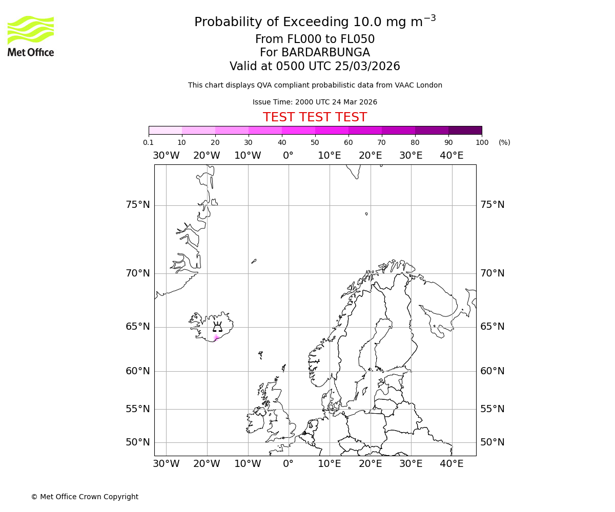 Probability of exceeding 10.0 milligrams per metre cubed. From 000 to 050 for BARDARBUNGA. Valid at 0500 UTC 25/03/2026