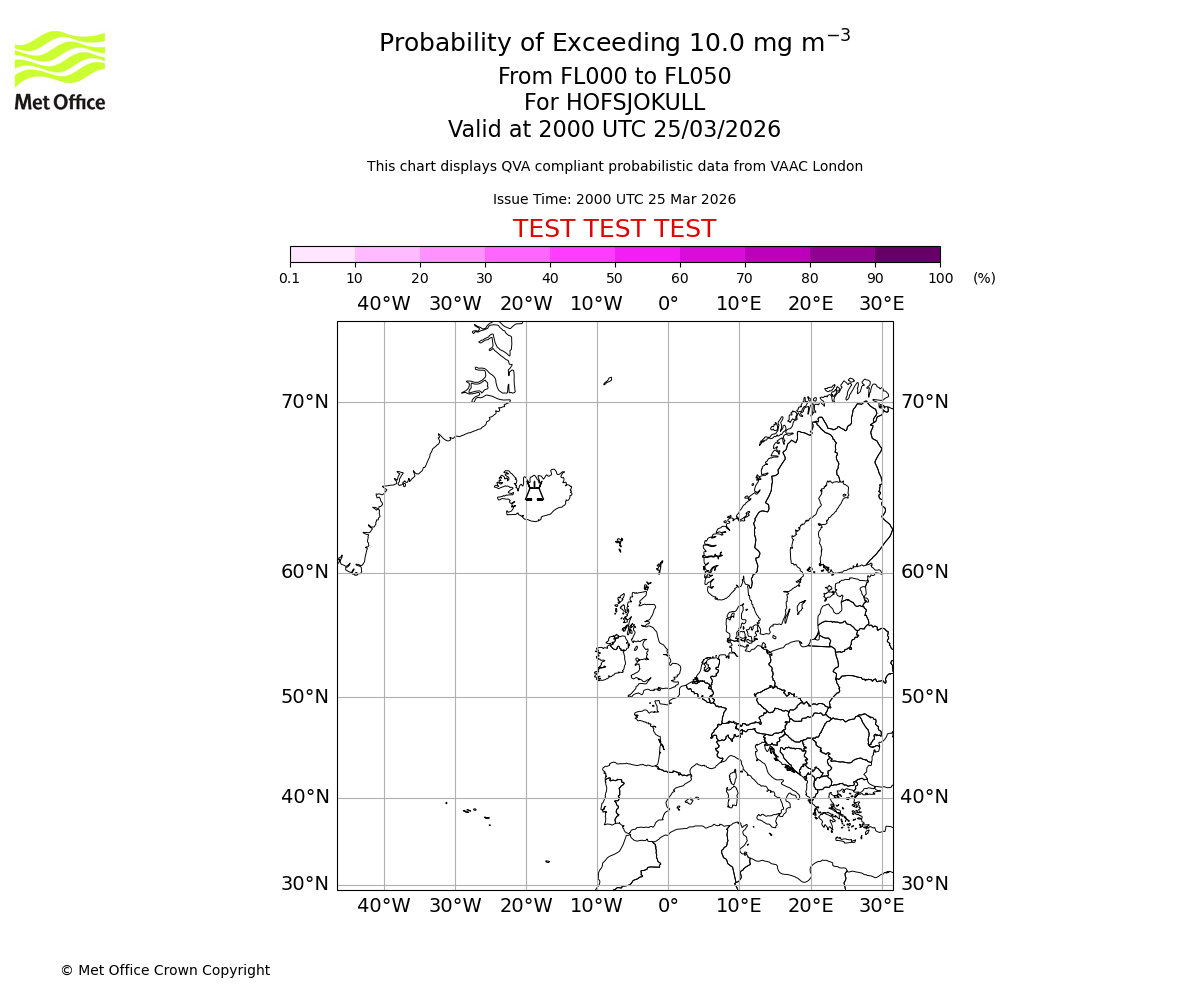 Probability of exceeding 10.0 milligrams per metre cubed. From 000 to 050 for HOFSJOKULL. Valid at 2000 UTC 25/03/2026
